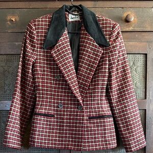 Vintage Plaid Wool Blazer with Suede Collar